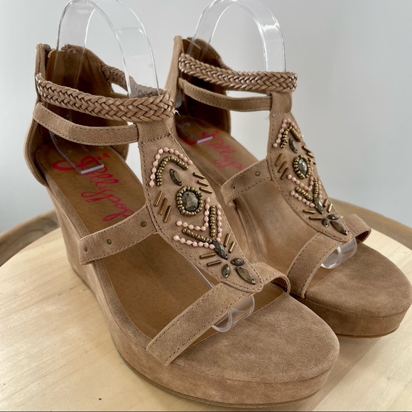 Jellypop Shoes - Jellypop Hipolita beaded tan strappy wedges size 9.5M